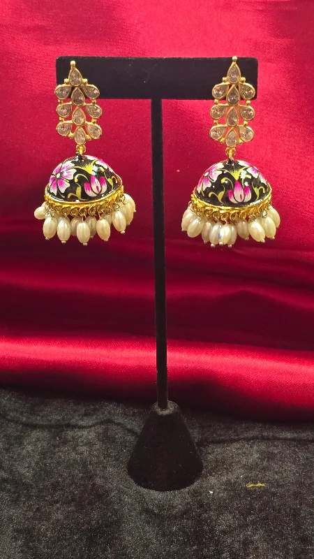 Beaded Hoop Earrings-Cute Multicolor Jhumkas With Oval Shaped Pearl