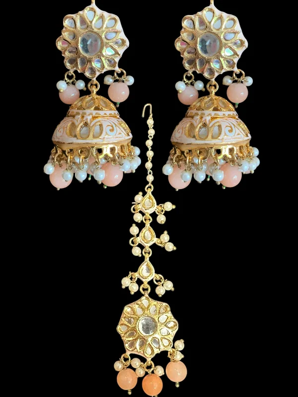 Clear Crystal Earrings-Kundan jhumka and rika earrings with meenakari in peach ( READY TO SHIP )