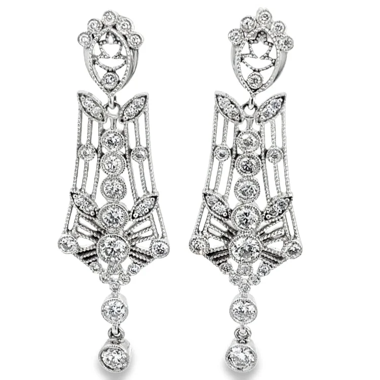 Handmade Crystal Earrings-LAB GROWN ROUND DIAMONDS 1.64ctw ANTIQUE DANGLE EARRINGS