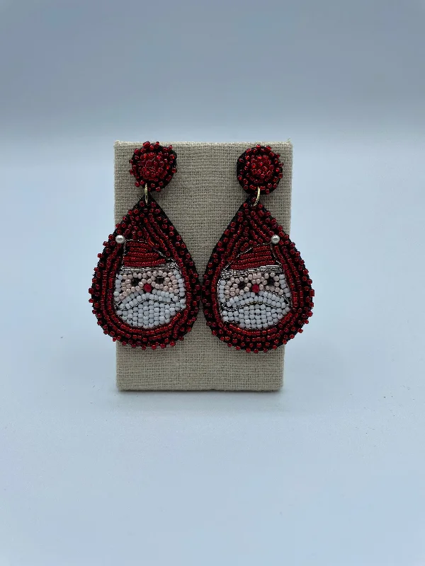 Vintage Stud Earrings-Red and White Beaded Santa Earrings