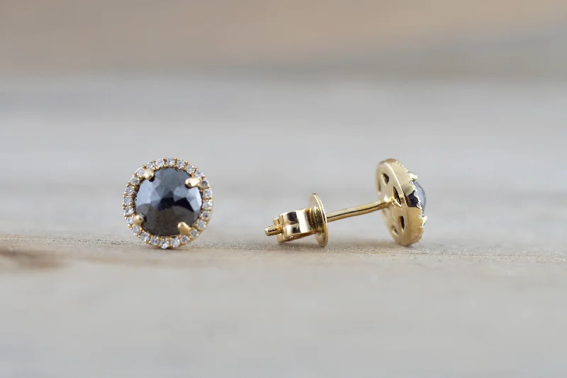 Elegant Gemstone Earrings-Rose Cut Black Diamond Halo Studs