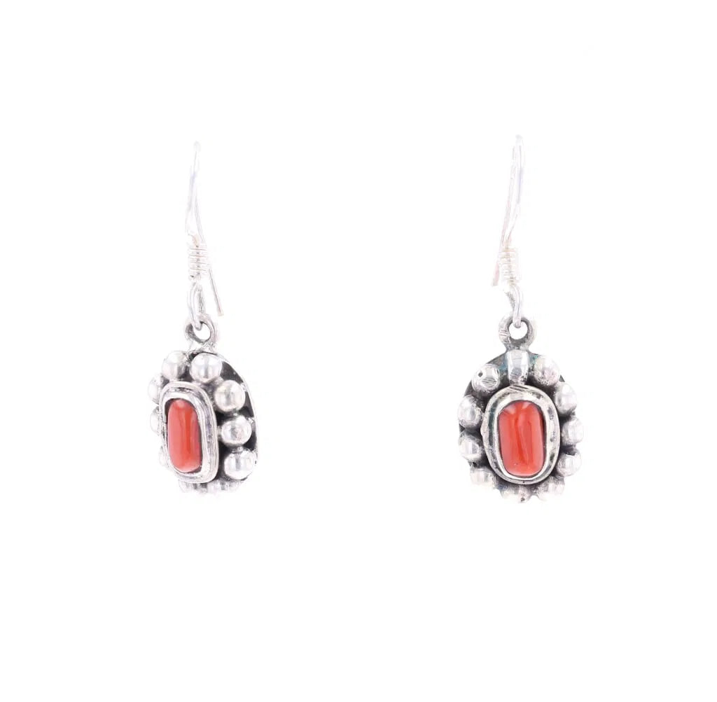 Customizable Silver Earrings-Vintage Oval Coral Dangle Earring With Sterling Silver Details