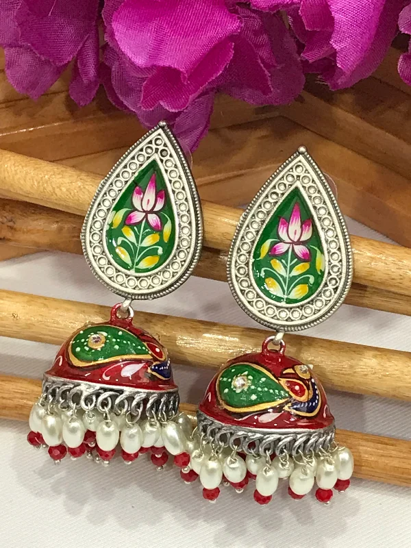 Soft Pink Earrings-Traditional Red And White Beads Silver Plated Hand Painted Oxidized Jhumka Earrings