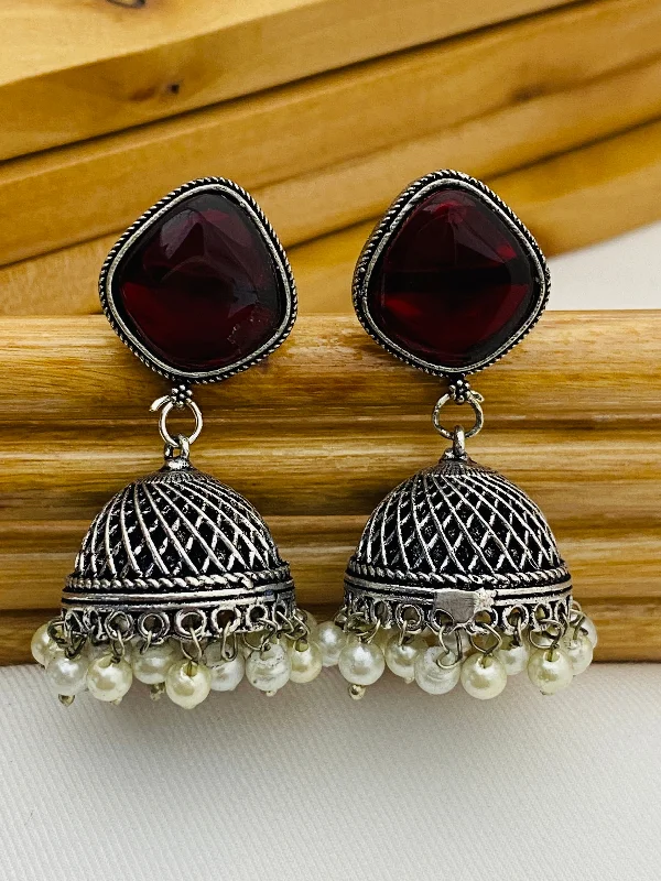 Statement Earrings for Weddings-Charming Maroon Stone Beaded Designer German Silver Plated Oxidized Jhumkas With Pearl Hangings