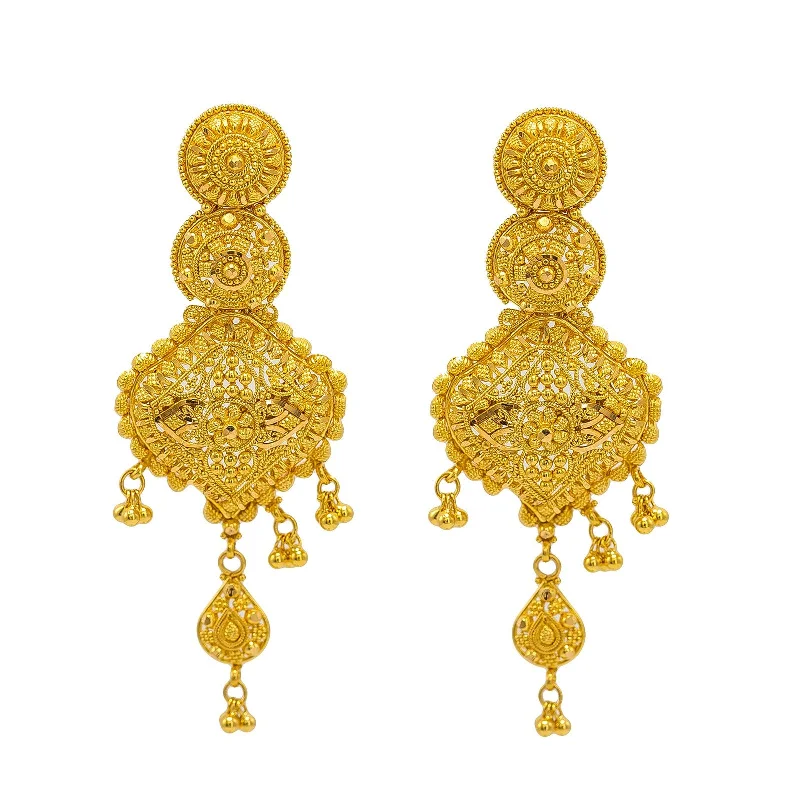 Long Diamond Earrings-22K Yellow Gold Drop Earrings W/ Beaded Filigree & Double Drop Design