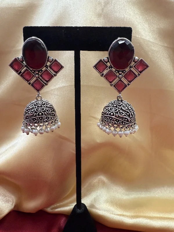 Beautiful Pearl Earrings-Alluring  Maroon Stone Jhumka Designer Oxidized Earrings For Women