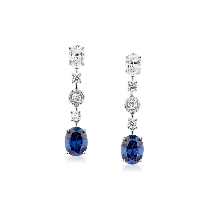 Luxury Diamond Earrings-Oval and Round Brilliant drop earrings with tanzanite simulants and 4.43 carats* of diamond simulants in sterling silver