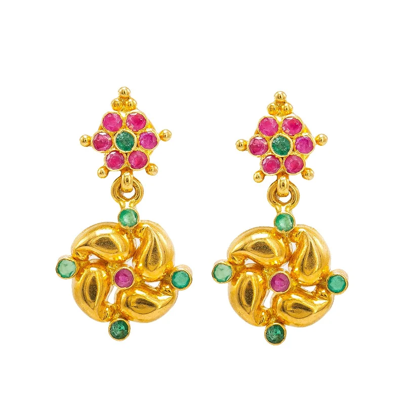 Handmade Drop Earrings-22K Yellow Gold Drop Earrings W/ Rubies, Emeralds & Encircled Mango Details