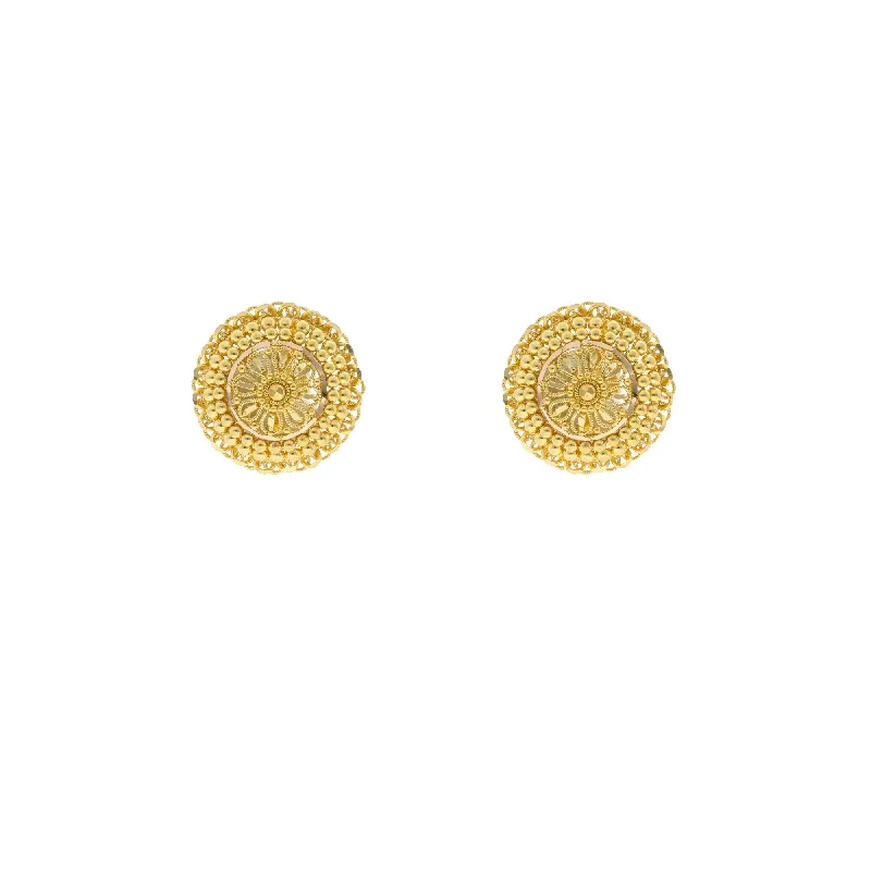 Square Stud Earrings-22K Yellow Gold Button Earrings W/ Domed Doily Design, 7 grams