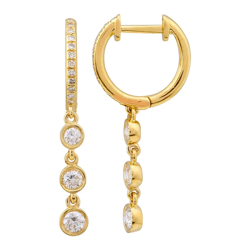 Layered Gold Earrings-Yellow Gold Diamond Bezel Dangling Huggie Earrings