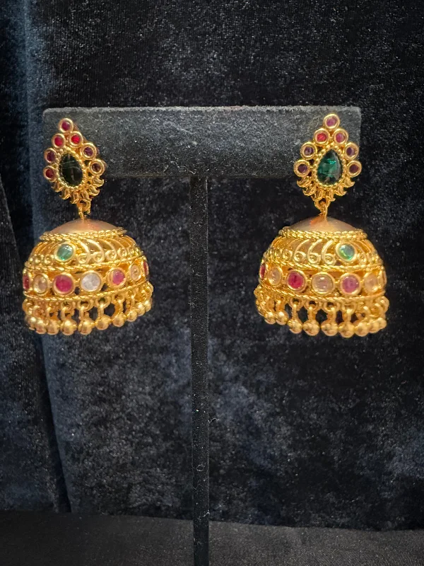 Silver Drop Earrings-Dazzling Gold Plated Designer Jhumka With Multi Color Stone And Golden Beads