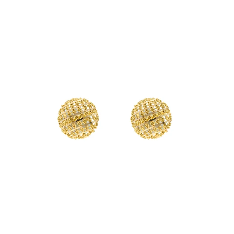 Simple Hoop Earrings-22K Yellow Gold Button Earrings W/ Gold Ball Flower Accents, 5.8 grams