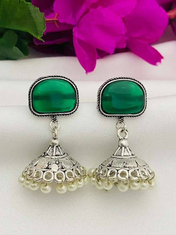 Modern Tassel Earrings-Traditional Emerald Stone Beaded German Silver Plated Oxidized Jhumka Earrings With Pearl Beads