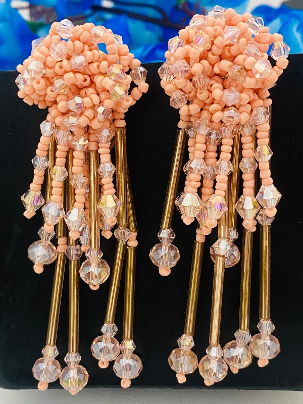 Elegant Wedding Earrings-Alluring Peach Colored Beaded Fancy Crystal Earrings