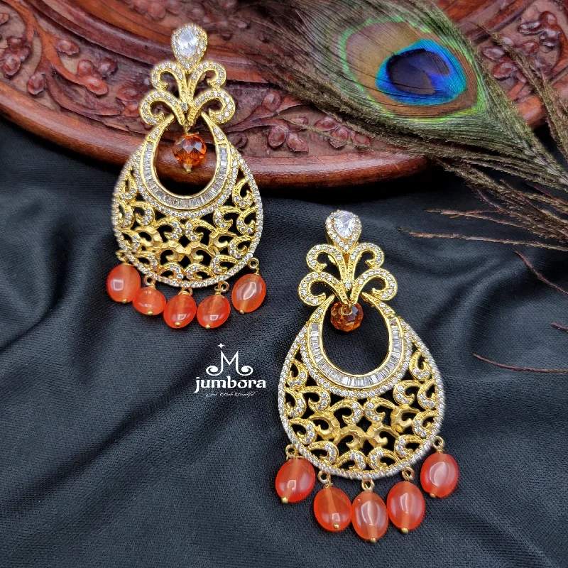 Heart Shaped Drop Earrings-Partywear Designer White AD Zircon Chaandbali Earrings With Orange Beads