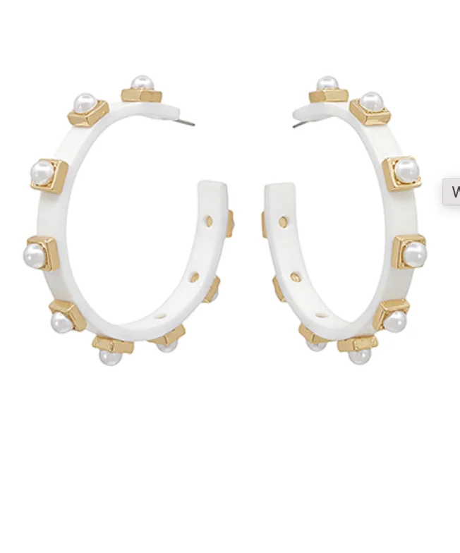 Pearl Stud Earrings for Weddings-White Pearl Studded Hoop Earrings