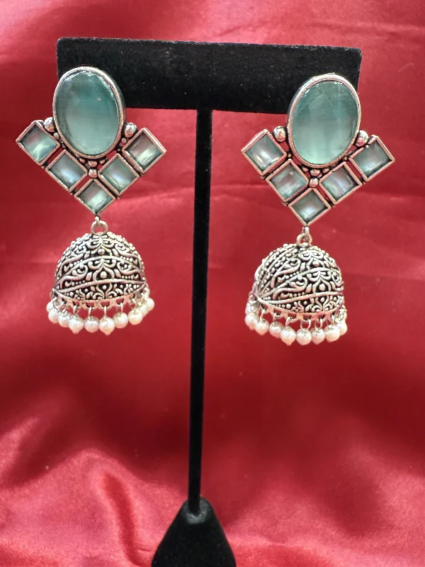 Luxury Gemstone Earrings-Alluring Light Green Stone Jhumka  Design With Oxidized Earrings For Women