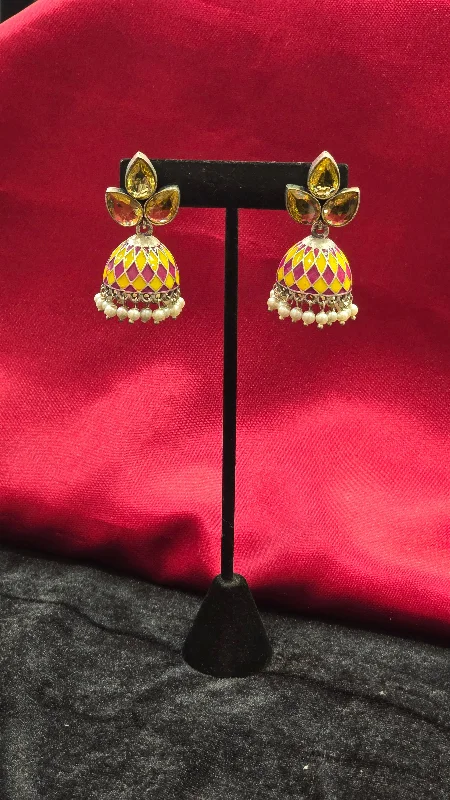 Diamond Hoop Earrings-Beautifully Crafted Yellow And Pink Color Earrings