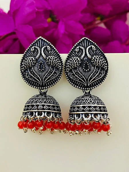 Fashionable Ear Cuffs-Alluring Oxidized Silver Peacock Design Jhumkas With Red Bead Hangings