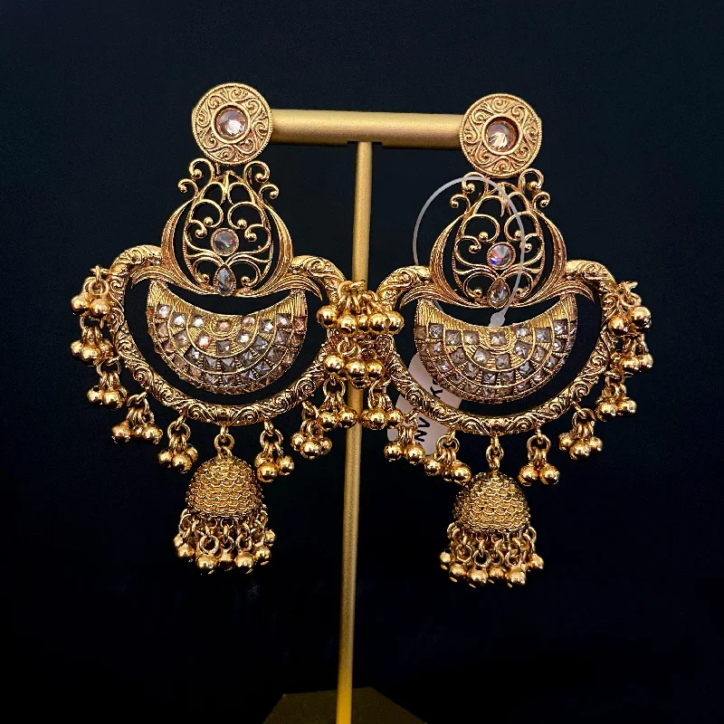 Gold and Diamond Earrings-Antique Gold LCD Champagne Chaandbali Earrings