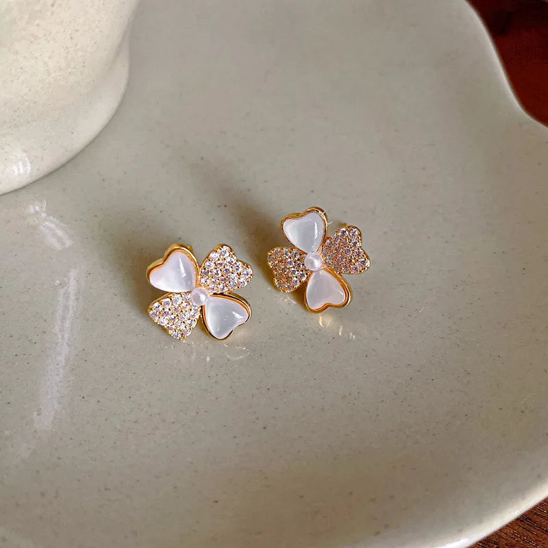 90# Ear Studs-Golden Four-Petal Flower