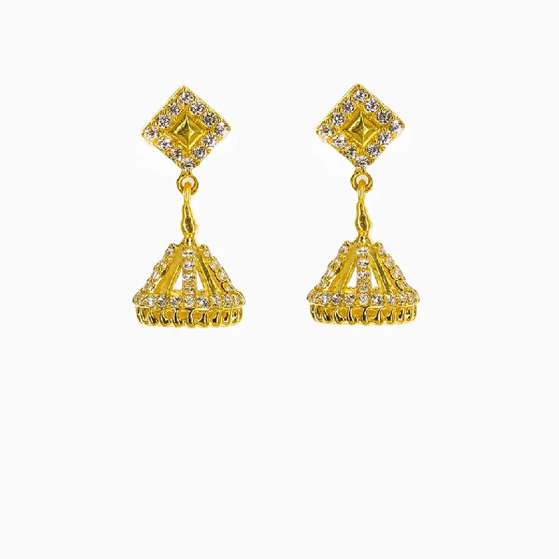 Fashion Hoop Earrings-22K Yellow Gold Jhumki Drop Earrings W/ CZ Gems & Diamond Shaped Pendants