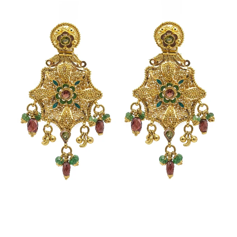 Designer Silver Earrings-22K Yellow Gold Drop Earrings W/ Ruby, Emerald Gems & Spring Flower Pendant