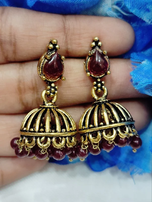 Chunky Silver Earrings-Mesmerizing Maroon Color Antique Gold Drop Design Earrings For Women