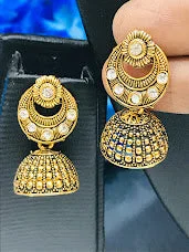 Artistic Designer Earrings-Beautiful Gold Color And White Stoned Jhumka Earrings