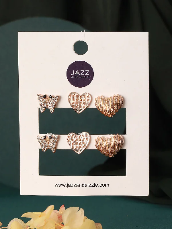 Diamond Drop Earrings-Set Of 3 Gold-Plated Heart Shaped Stud Earrings