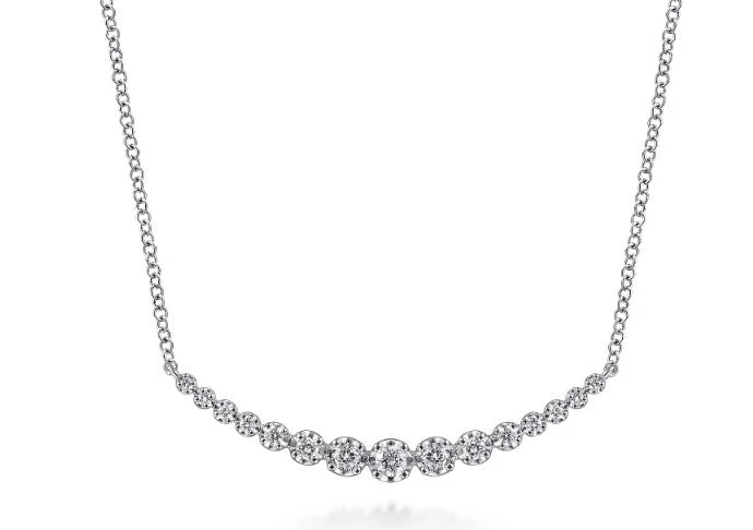 Stylish Diamond Necklace-14K White Gold Buttercup Set Diamond Curved Bar Necklace