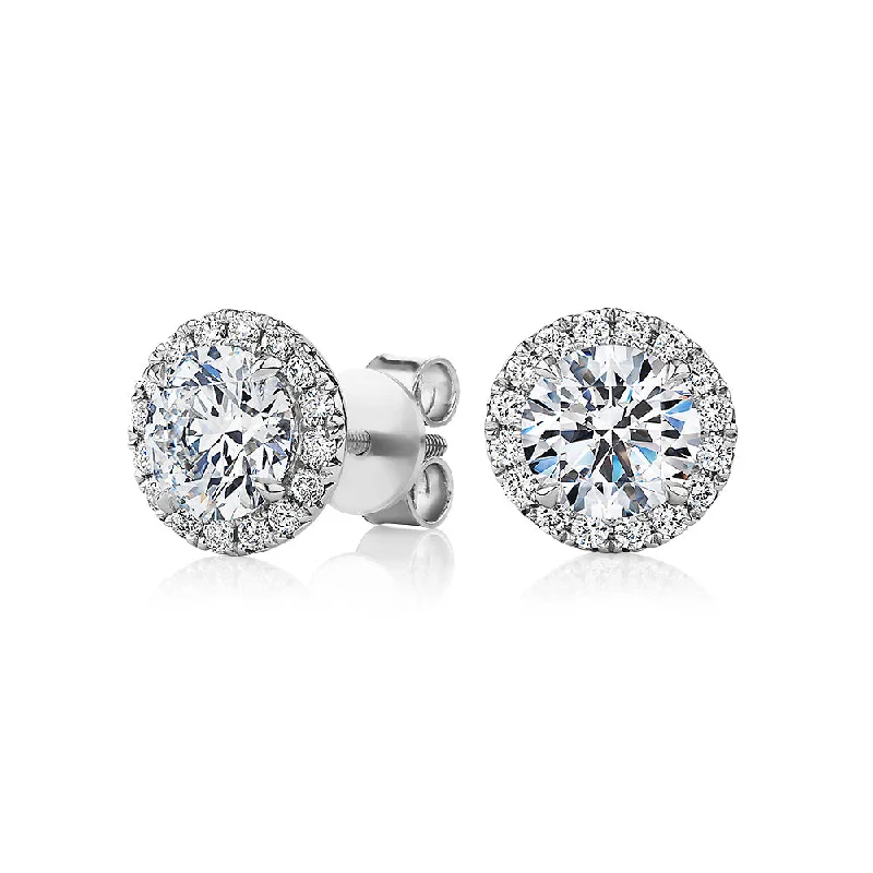 Swarovski Crystal Earrings-Premium Certified Lab-Grown Diamond, 2.35 carat TW round brilliant halo earrings in 14 carat white gold