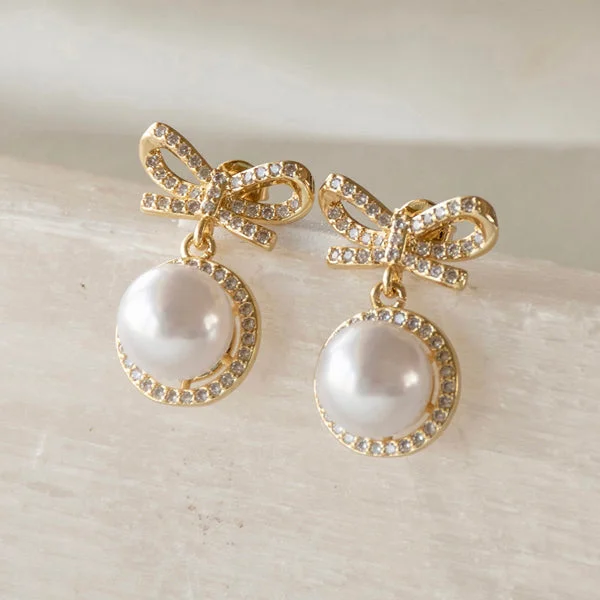 Elegant Drop Earrings-Pearl Bow Diamond Earrings