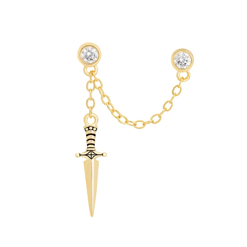 Silver Earrings with Pearls-Dagger Double Stud Chain Earring