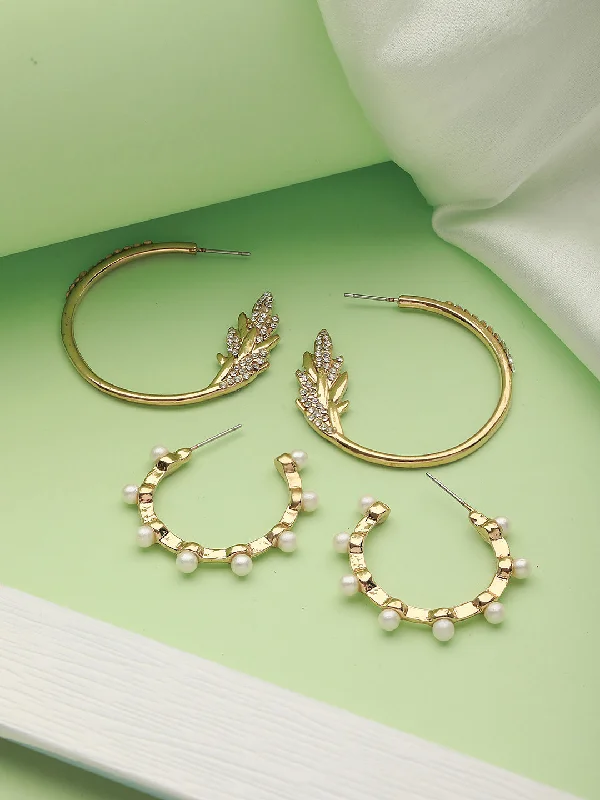 Stud Earrings for Bridesmaids-Set Of 2 Cz & Pearl Studded Gold-Toned Half Hoop Earrings