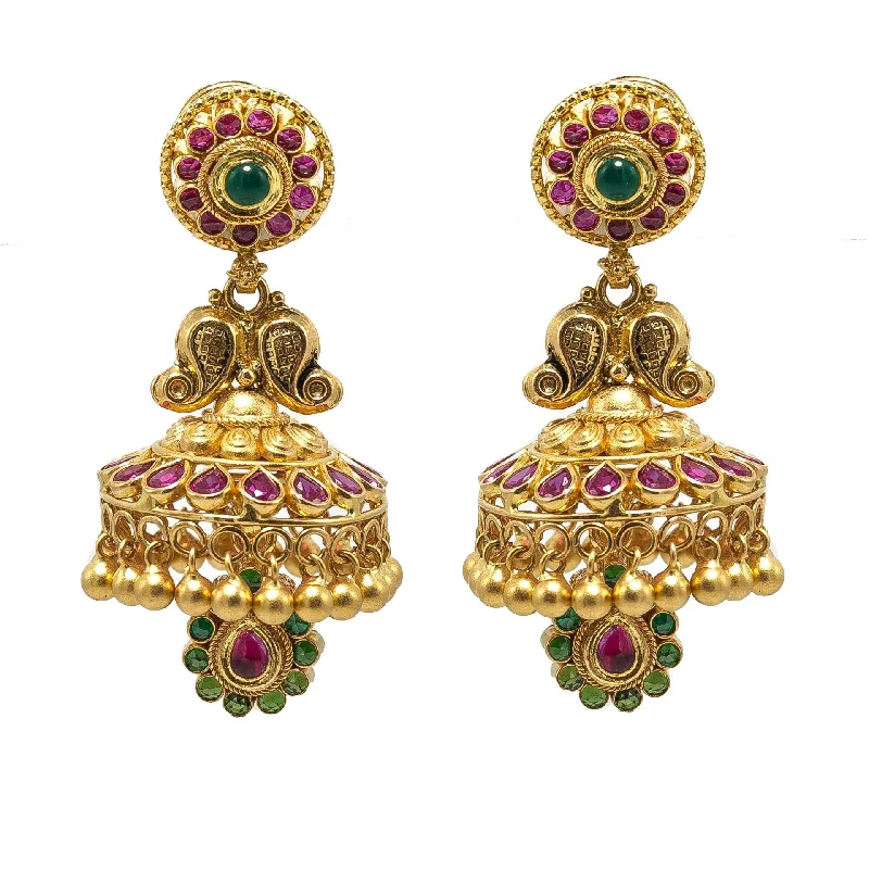 Unique Drop Earrings-22K Yellow Gold JhumkiDrop Earrings W/ Rubies, Emeralds & Antique Finish Mango Details