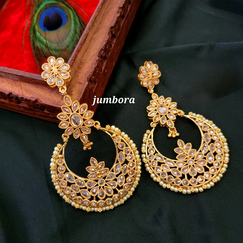 Bohemian Style Earrings-Statement Big Polki LCD Champagne Stone Chandbali Earrings