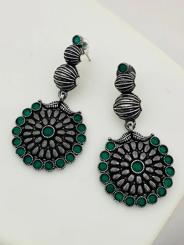 Luxury Wedding Earrings-Charming Round Shaped Emerald Stone Beaded German Silver Plated Oxidized Long Earrings