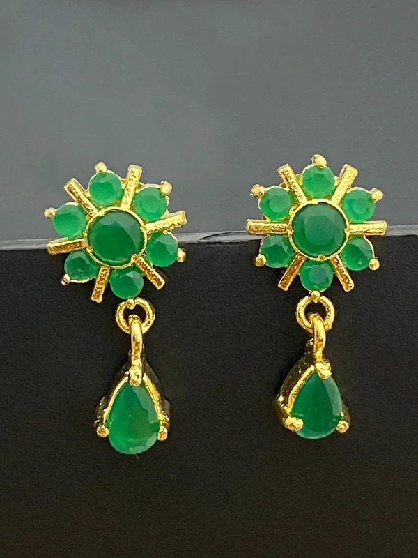 Small Drop Earrings-Gorgeous Gold Tone CZ Emerald Green Colored Earrings