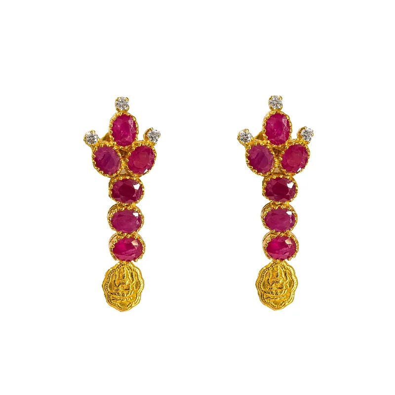 Chunky Gold Earrings-22K Yellow Gold Drop Earrings W/ Ruby, CZ Gems & Laxmi Kasu