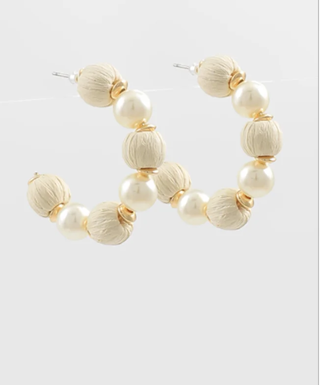 Funky Pearl Earrings-Pearl Raffia Cream Hoop Earrings