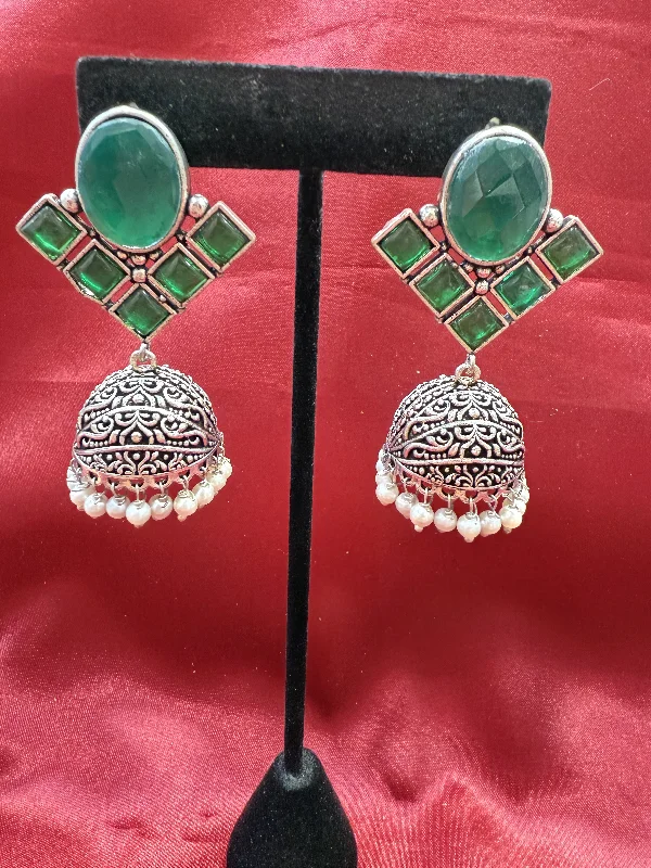 Simple Stud Earrings for Girls-Alluring Green Stone Jhumka Designer Oxidized Earrings For Women