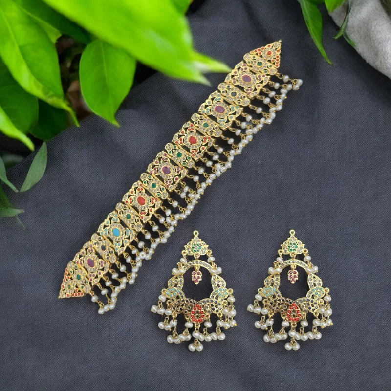 Black Gemstone Earrings-C543  Nishat fresh water pearl choker with earrings -Navratan  ( READY TO SHIP )