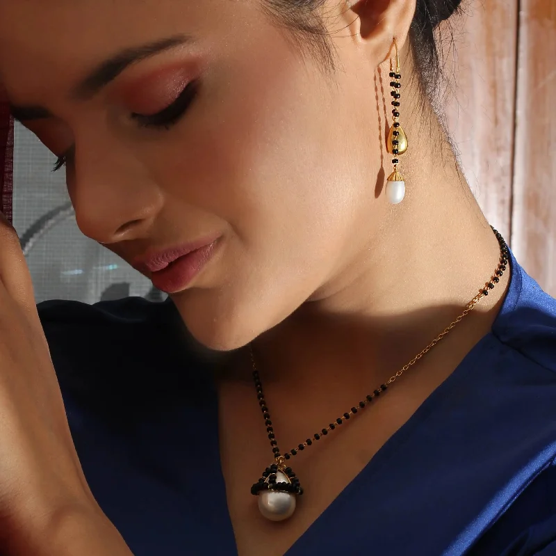 Black Gold Earrings-Silver Pearl And Gold Drop Mangalsutra Earrings