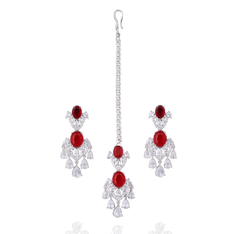 Silver Chandelier Earrings-Reeta Earrings & Teekah Set - Ruby