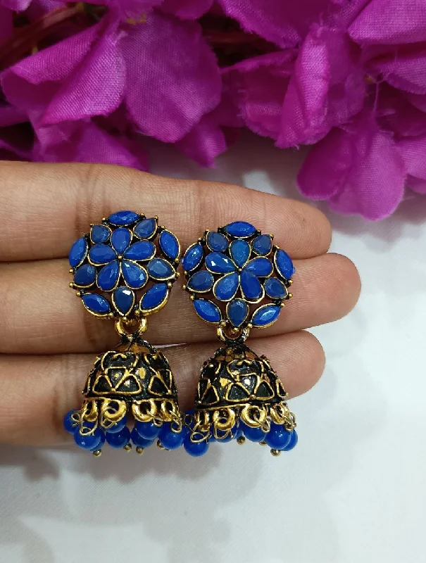 Silver Chain Earrings-Beautiful Dark Blue Color Antique Gold Drop Design Earrings