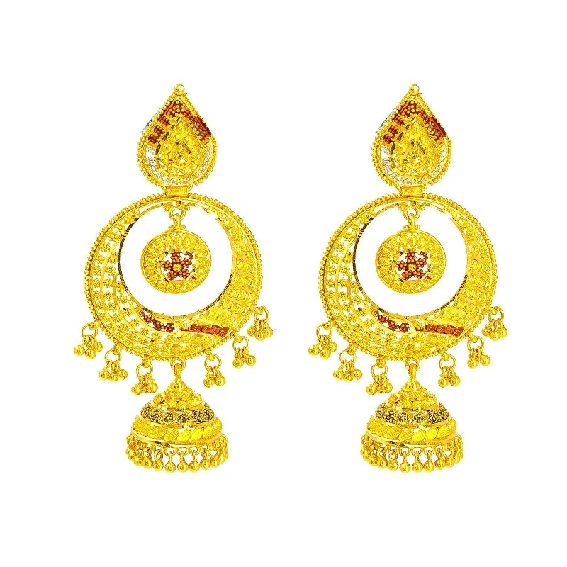 Long Silver Earrings-22K Yellow Gold Chandbali Earrings W/ Jhumki Drops & Filigree Details