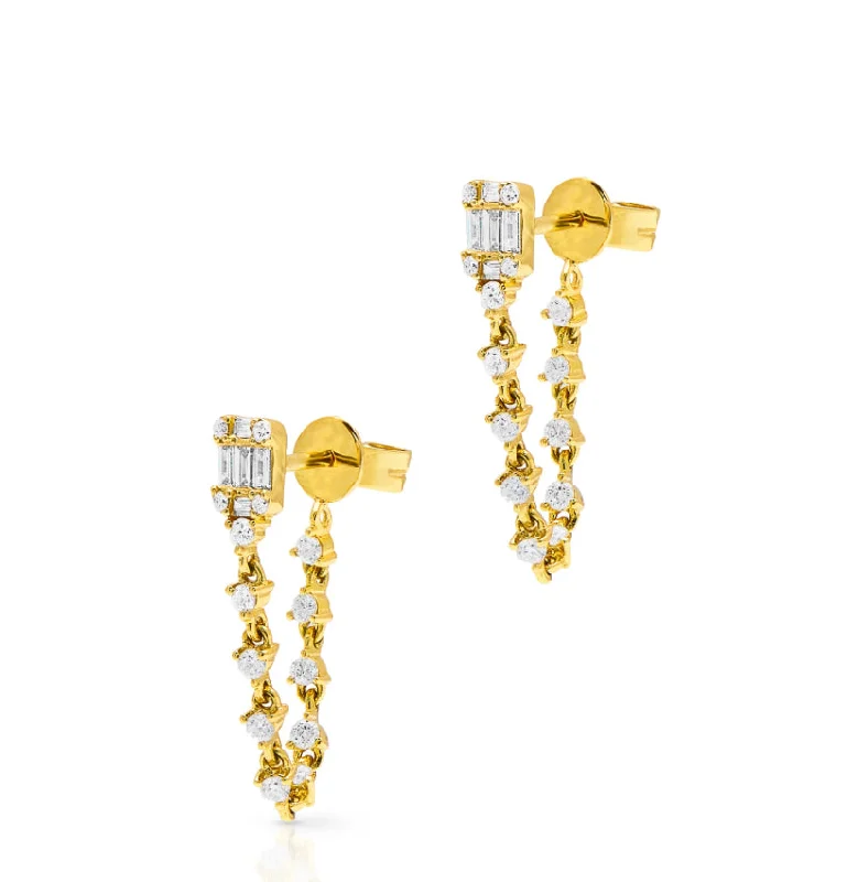 Art Deco Earrings-14K Baguette Diamond Earrings with Front-to-Back Drop