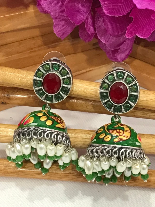 Silver Chain Earrings-Elegant Green And Red Color Hand Painted Peacock Designed Oxidized Jhumka Earrings With Pearl Beads