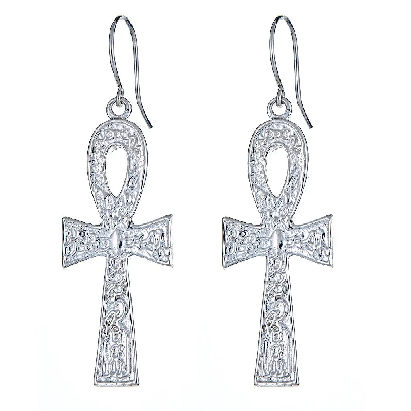 Gold and Diamond Earrings-Etched Ankh Cross .925 Sterling Silver Earrings